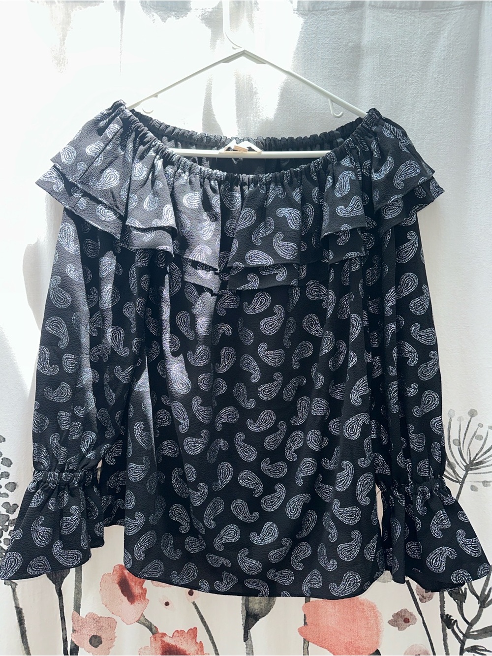 Michael Kors Black and White Paisley Off-Shoulder Ruffle Top